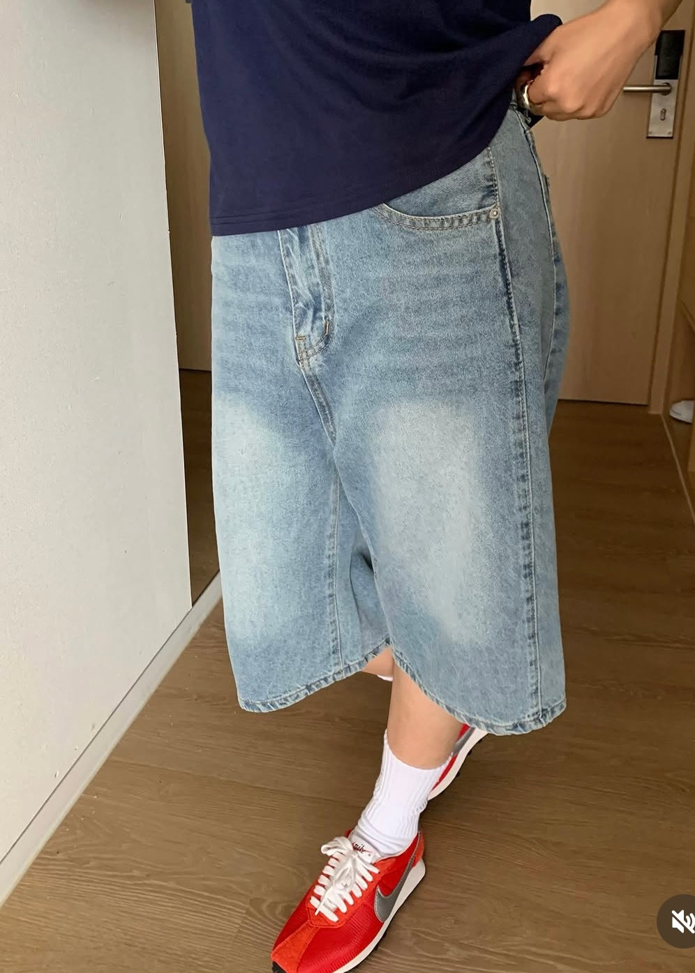 Patched seam denim shorts