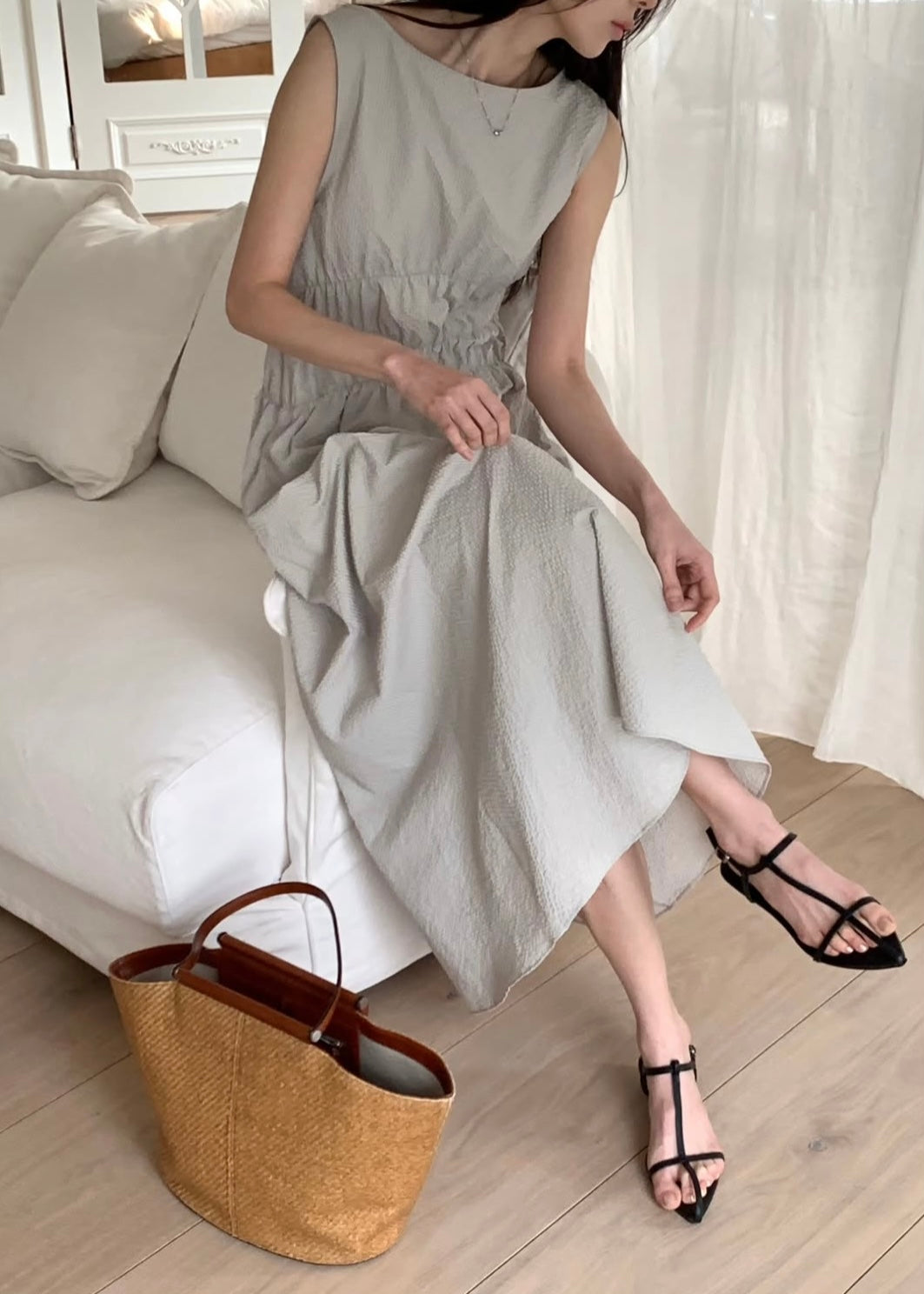 Crepe waist sleeveless dress