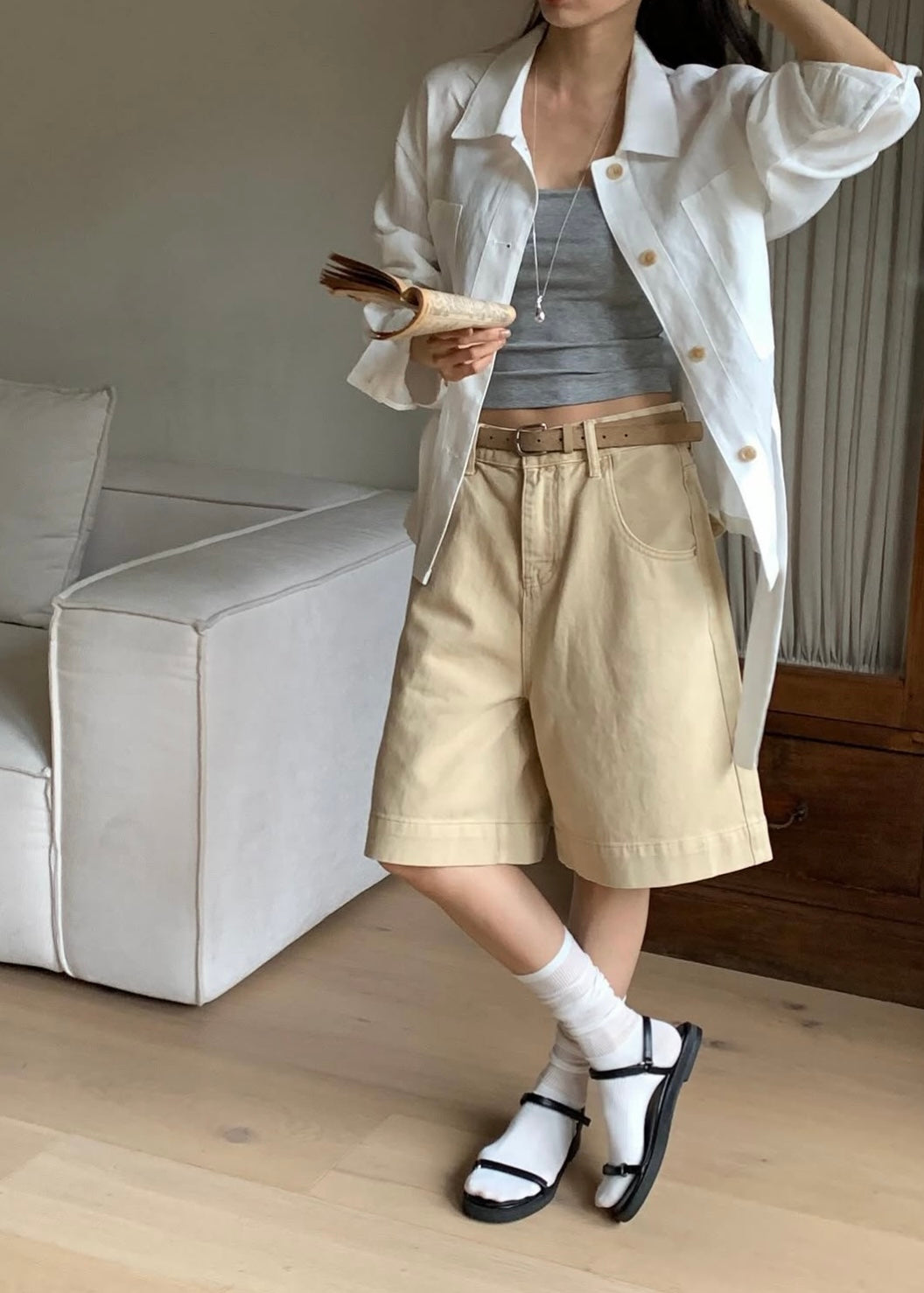 Sand washed denim shorts
