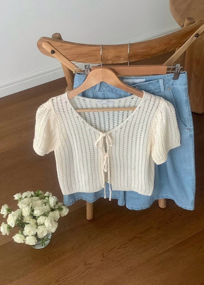 Knit pattern ribbon cardigan