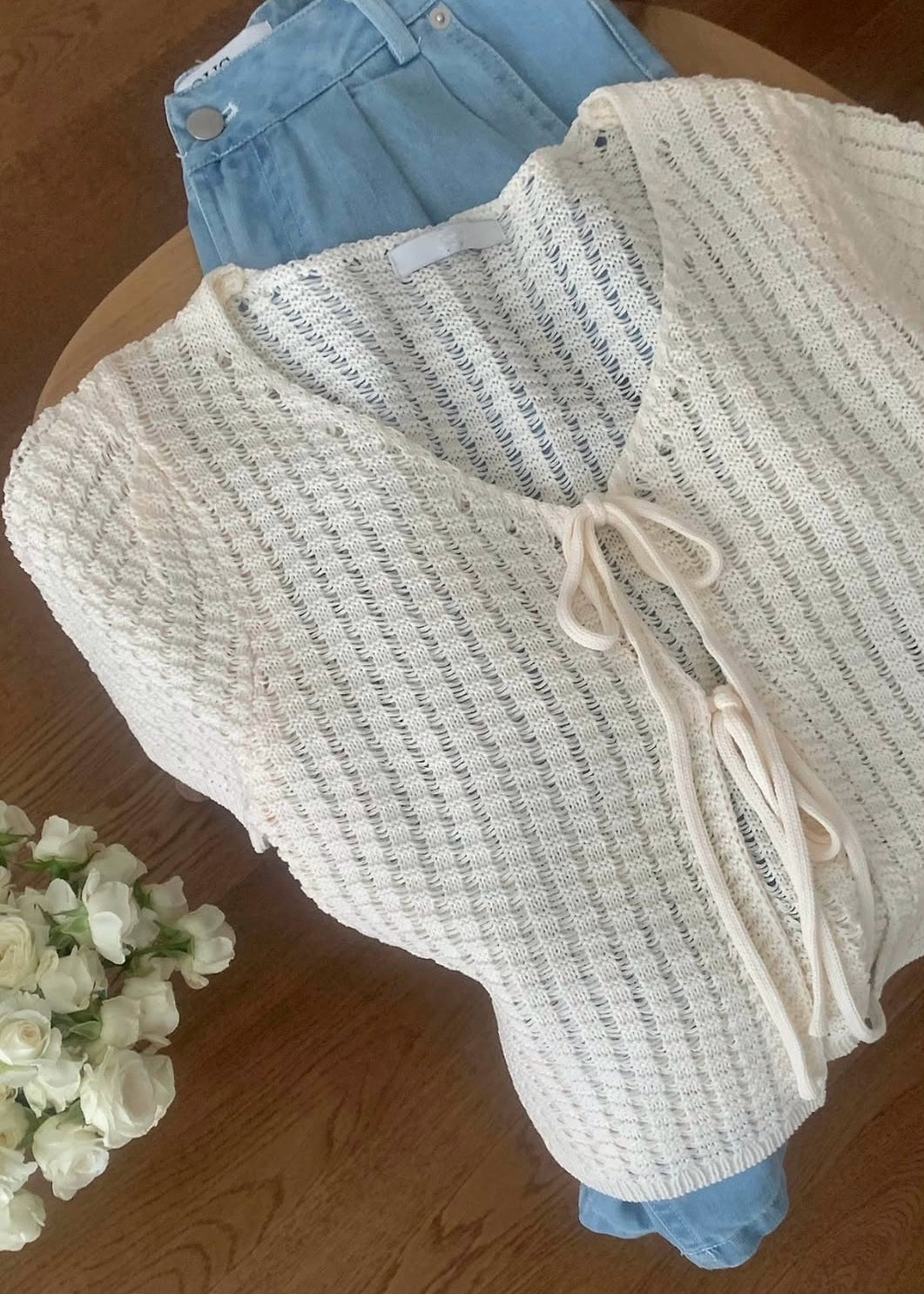 Knit pattern ribbon cardigan