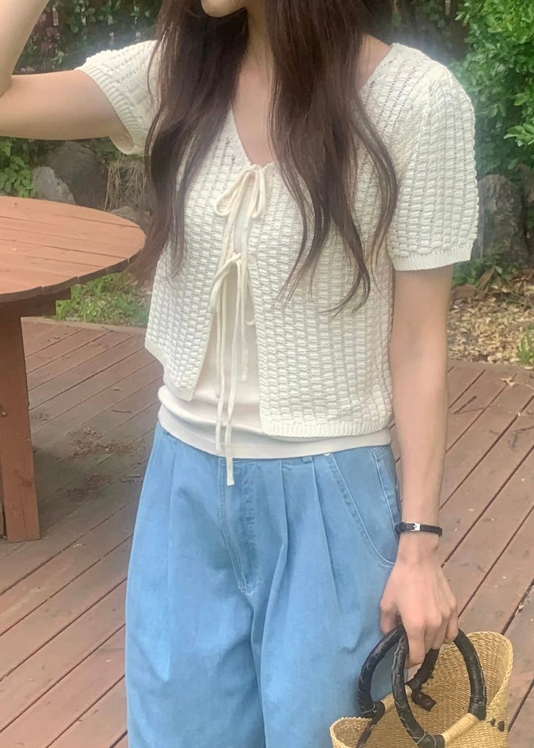 Knit pattern ribbon cardigan