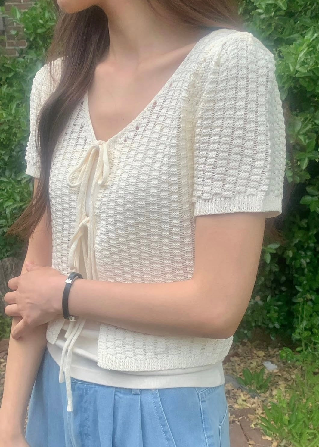 Knit pattern ribbon cardigan