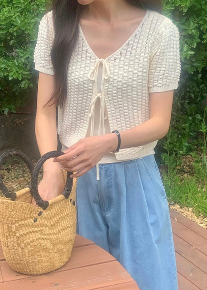 Knit pattern ribbon cardigan