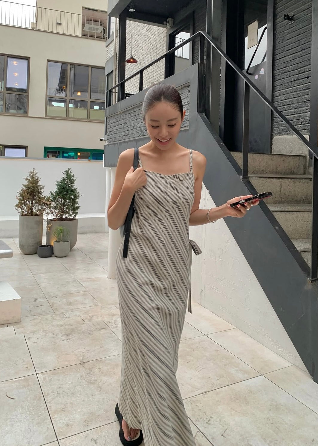 Square neck bias stripes dress
