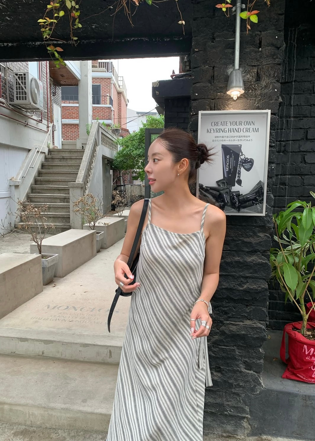 Square neck bias stripes dress