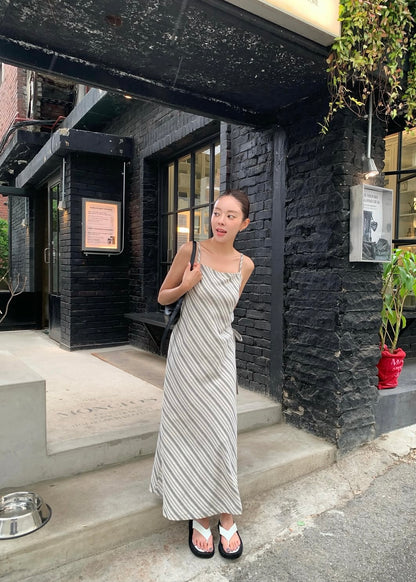 Square neck bias stripes dress