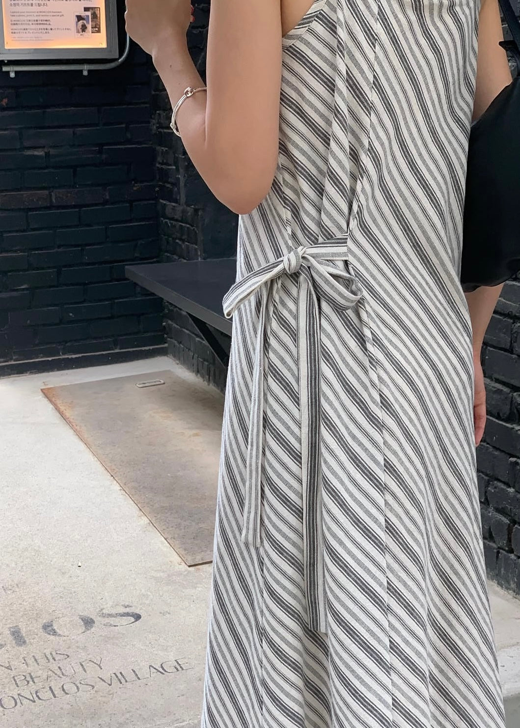 Square neck bias stripes dress