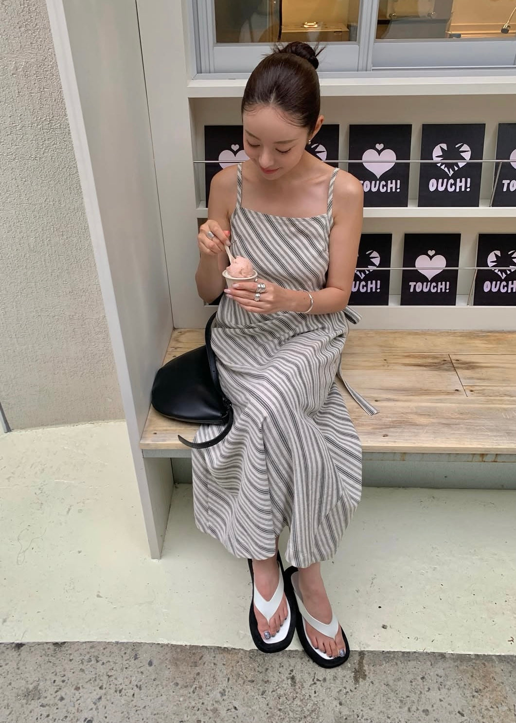 Square neck bias stripes dress