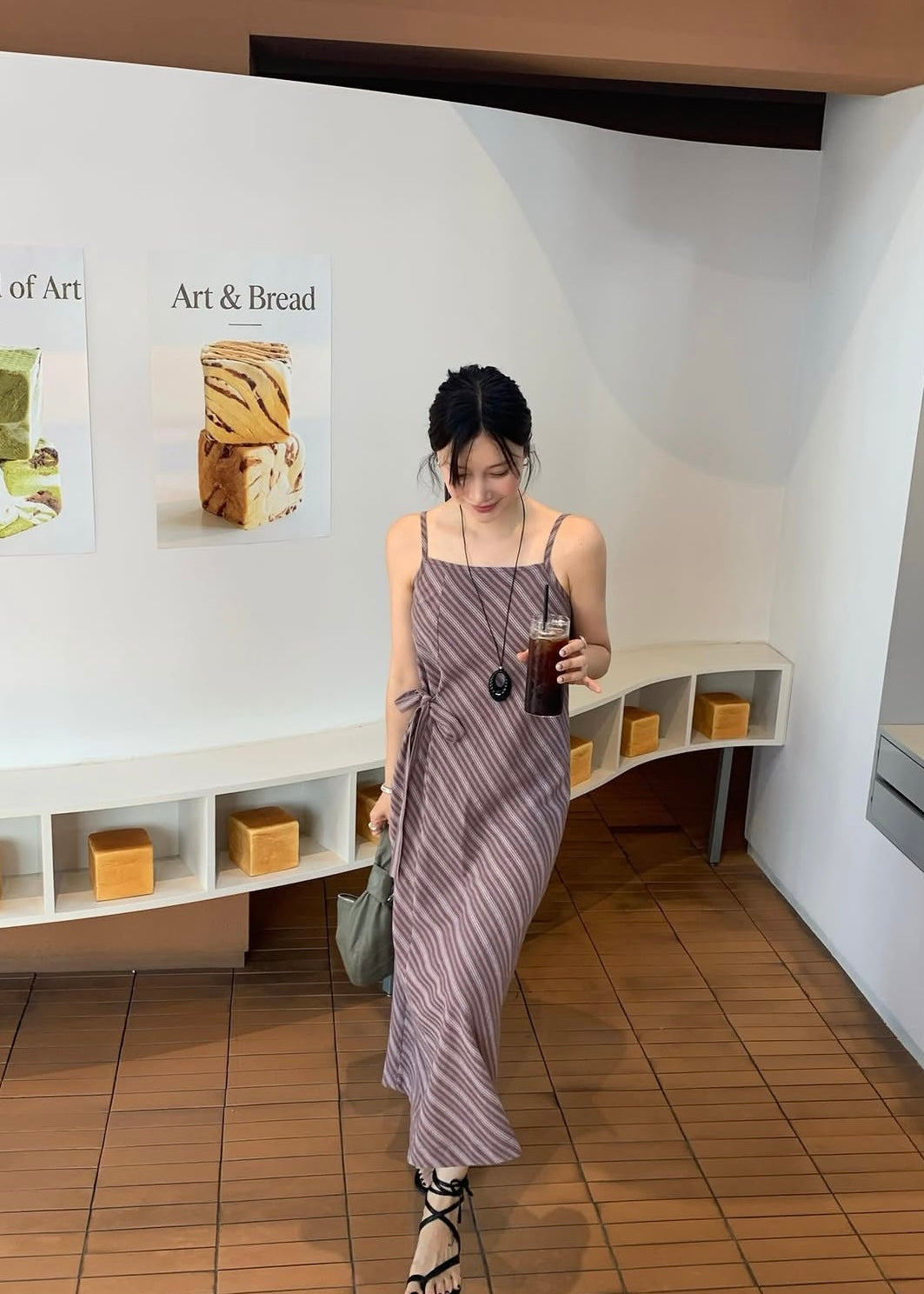 Square neck bias stripes dress