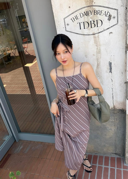 Square neck bias stripes dress