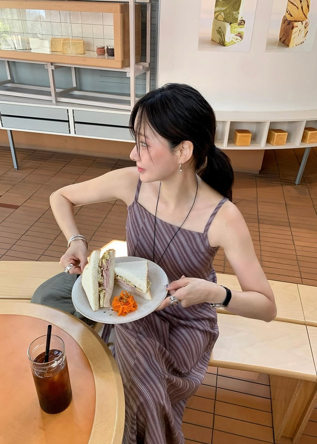 Square neck bias stripes dress