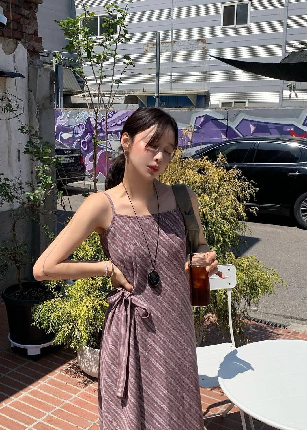 Square neck bias stripes dress