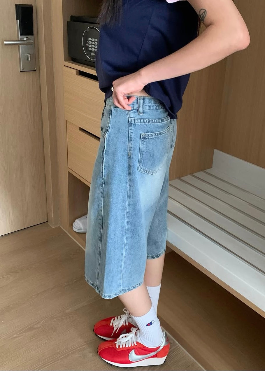 Patched seam denim shorts