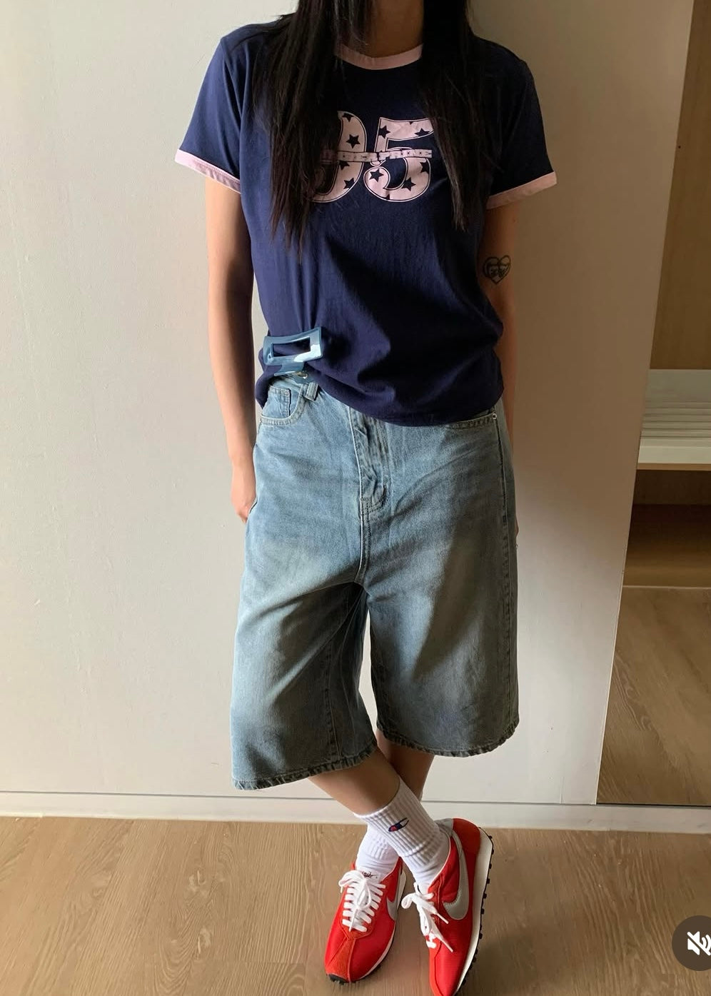 Patched seam denim shorts