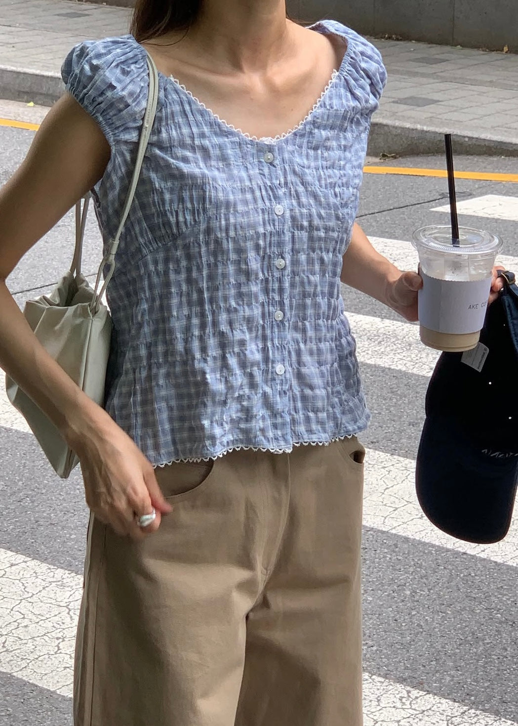 V-neck gingham lace blouse