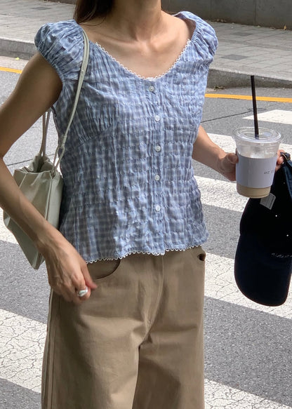 V-neck gingham lace blouse