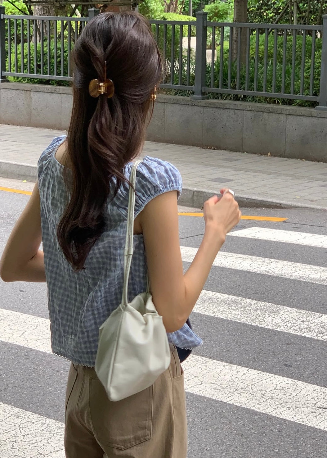 V-neck gingham lace blouse