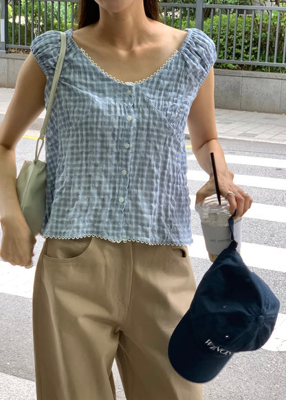 V-neck gingham lace blouse