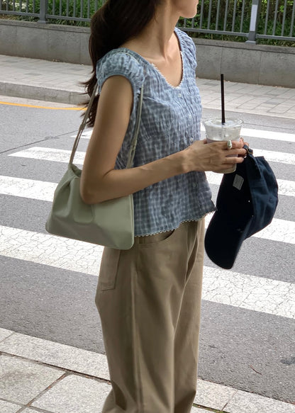 V-neck gingham lace blouse