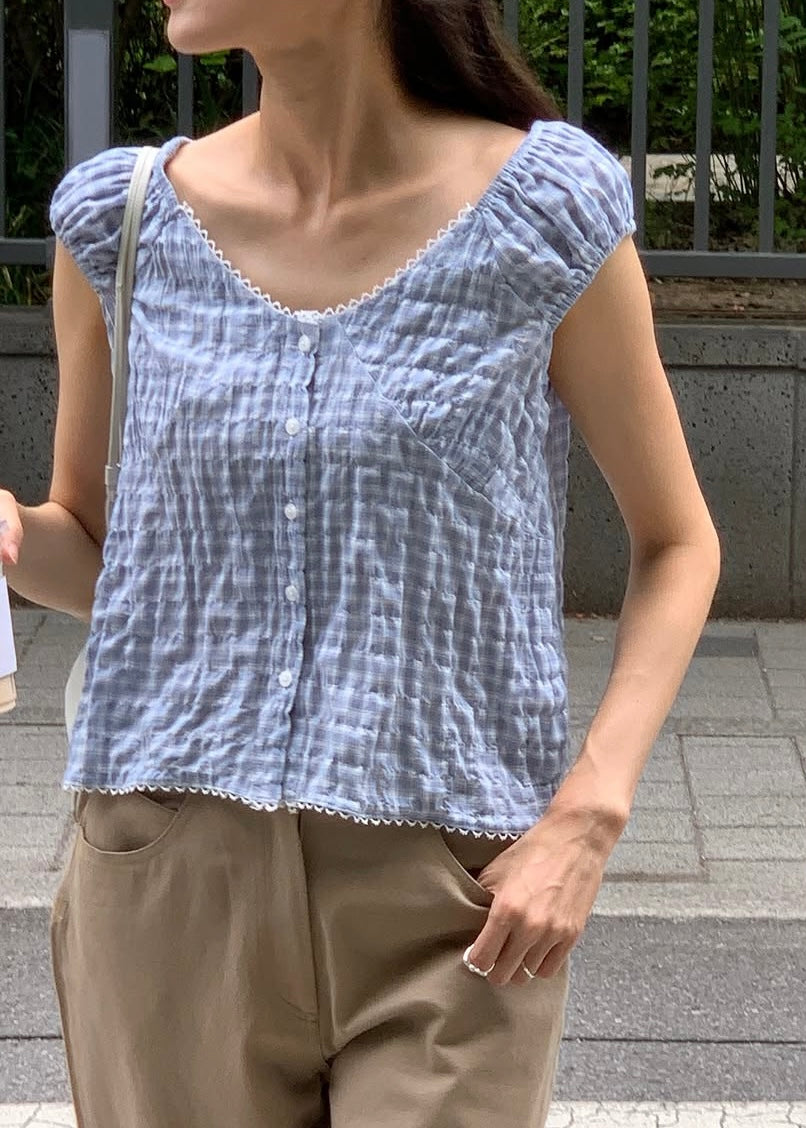 V-neck gingham lace blouse