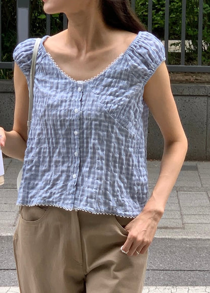 V-neck gingham lace blouse