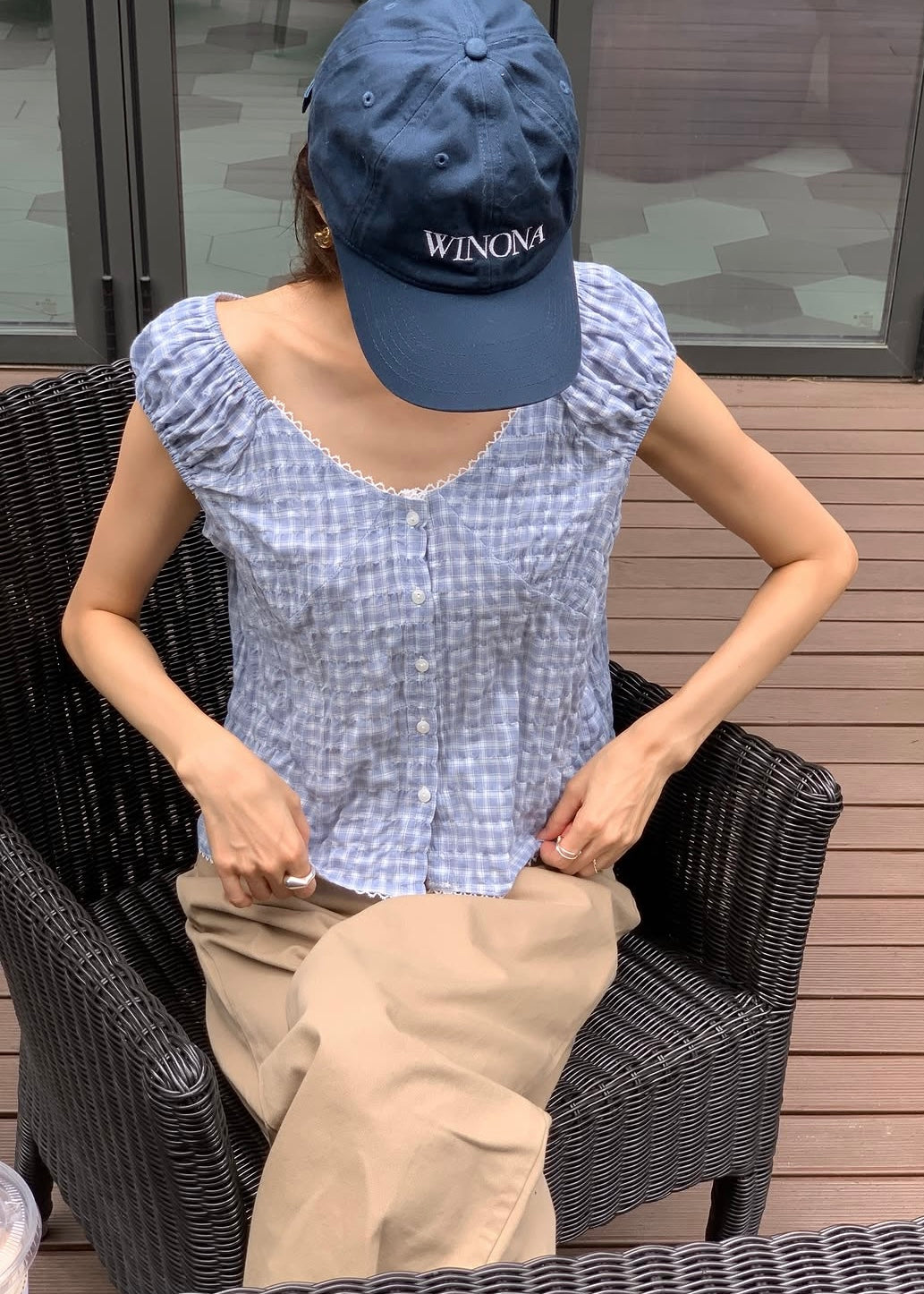 V-neck gingham lace blouse