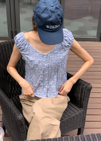 V-neck gingham lace blouse