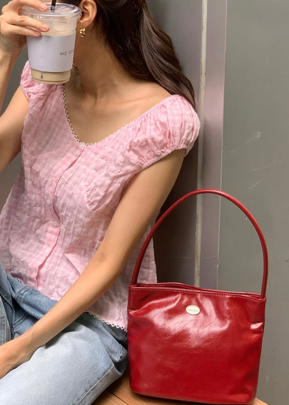 V-neck gingham lace blouse