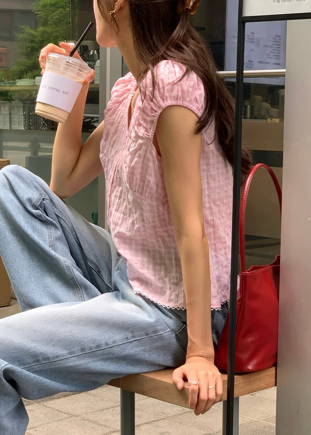 V-neck gingham lace blouse