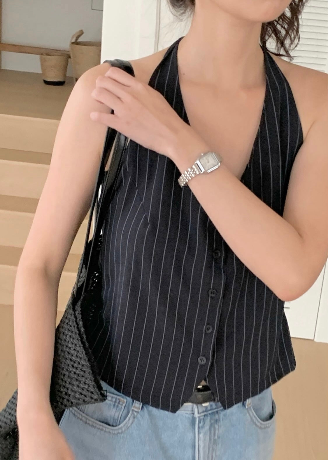 Halter-neck stripes waist coat
