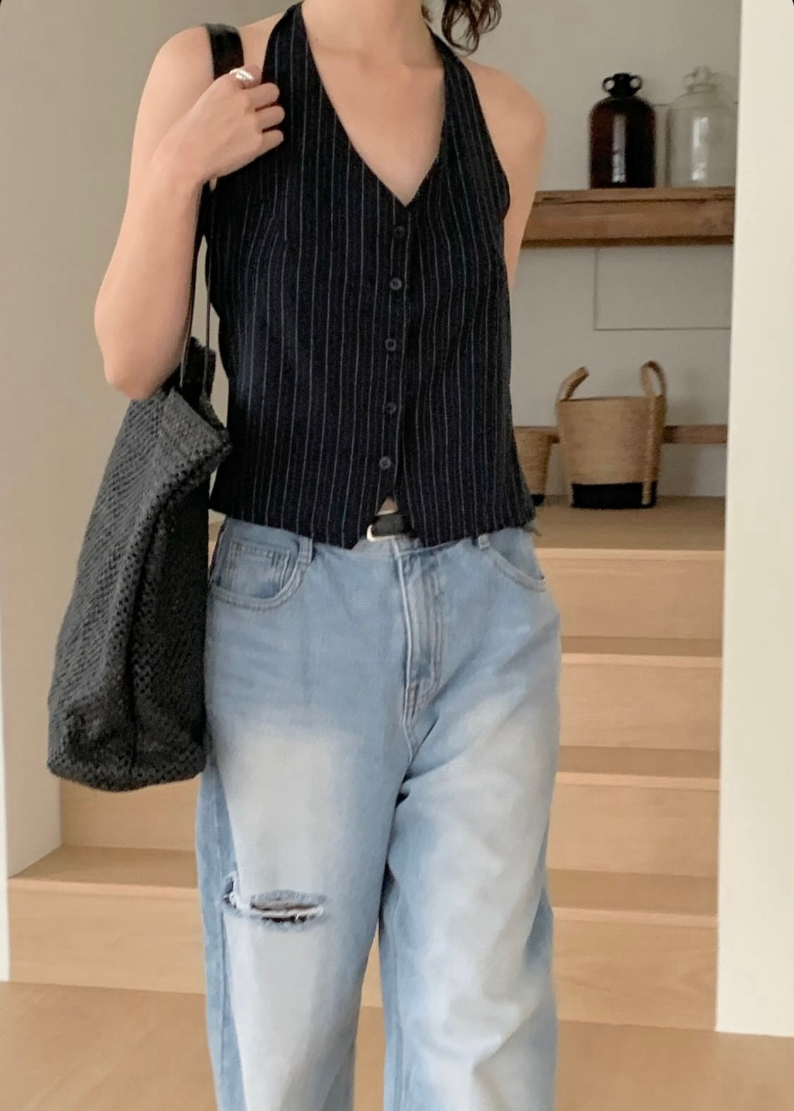 Halter-neck stripes waist coat
