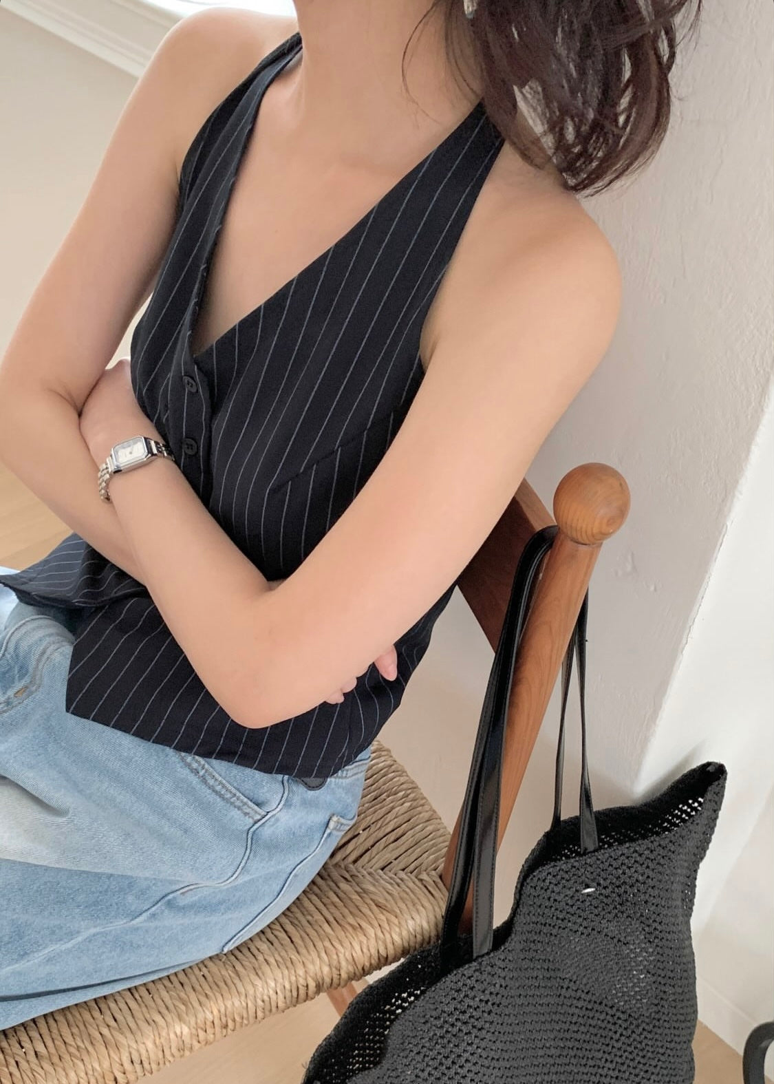 Halter-neck stripes waist coat