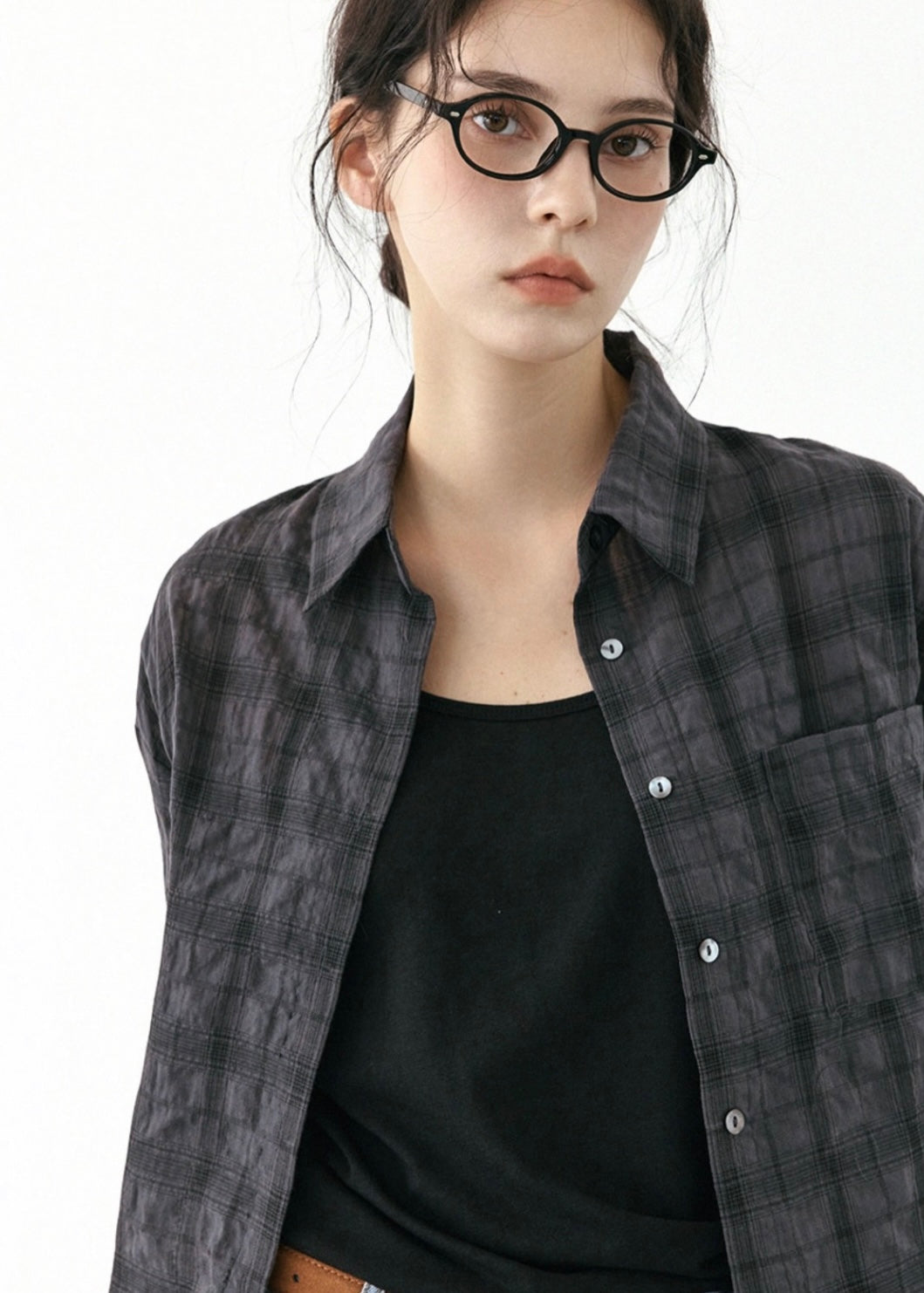 Crepe tartan pocket shirt