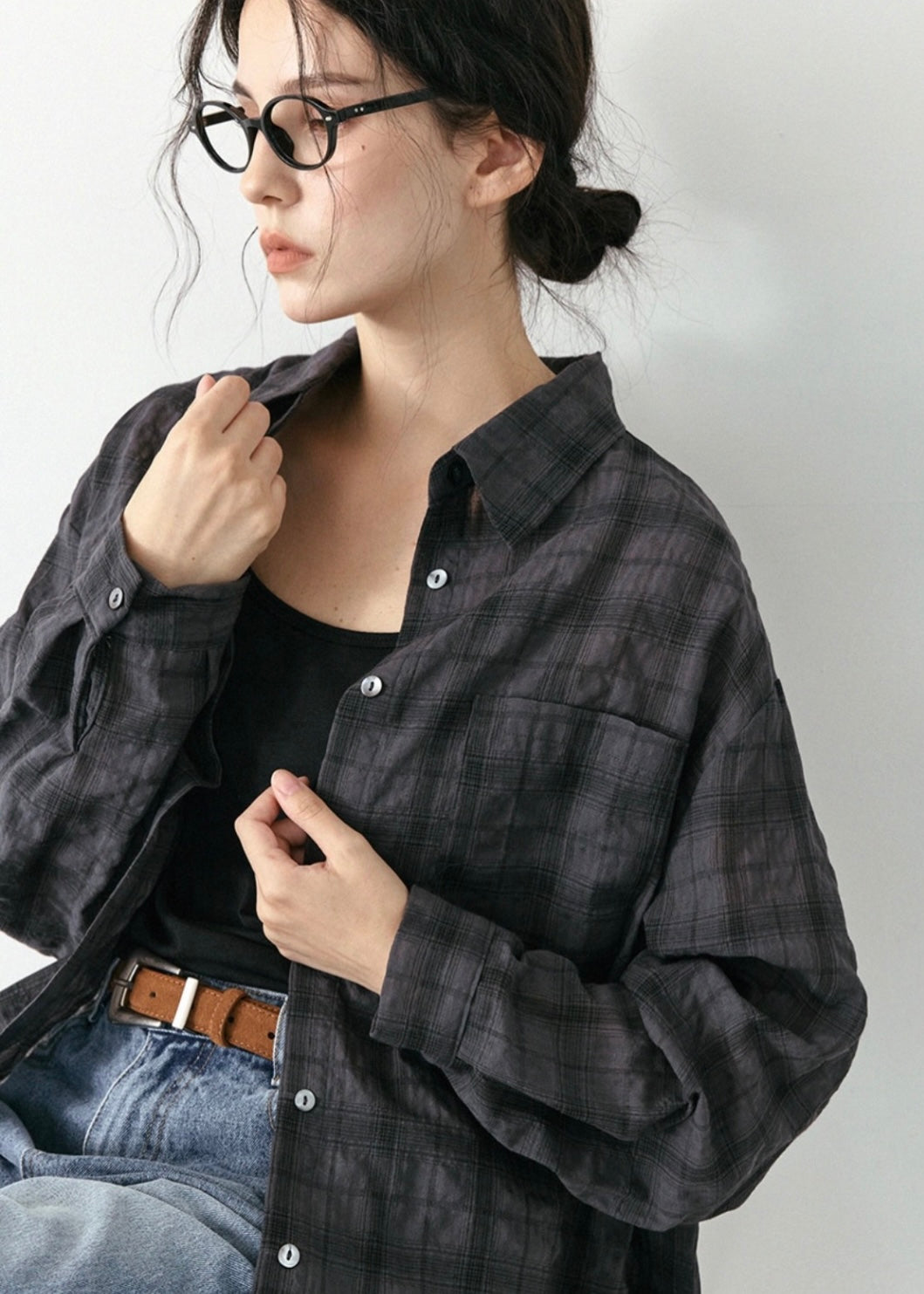 Crepe tartan pocket shirt
