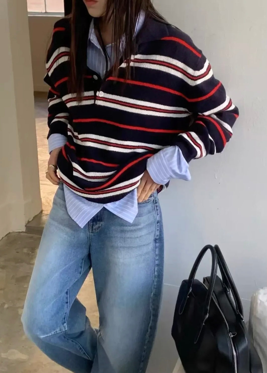 Loosen knit rugby shirt