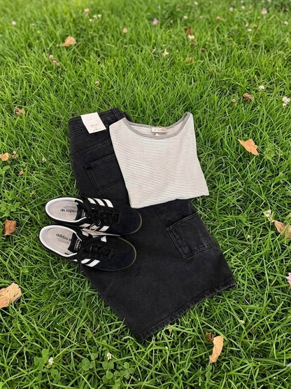 Washed cargo denim shorts