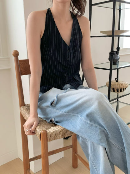 Halter-neck stripes waist coat