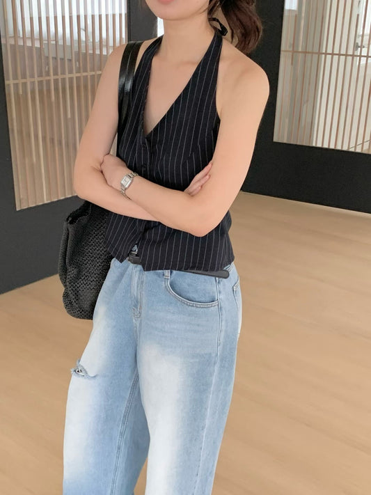 Halter-neck stripes waist coat